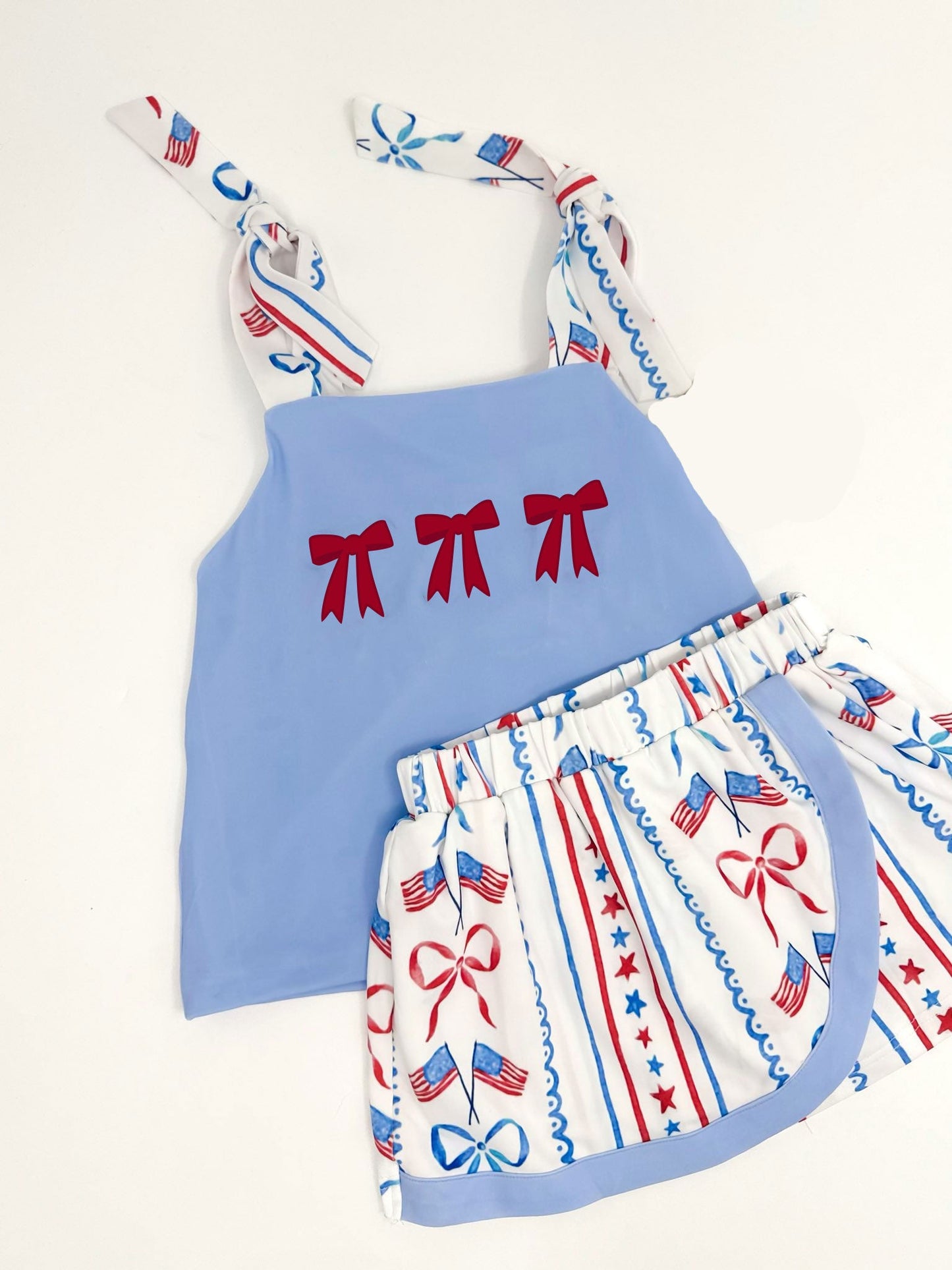 ( Moq 5 ) Preorder Baby Girls Straps Bows Tunic Flags Skirt Shorts July 4th Clothes Outfit