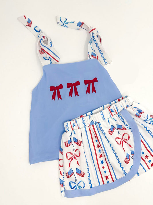 ( Moq 5 ) Preorder Baby Girls Straps Bows Tunic Flags Skirt Shorts July 4th Clothes Outfit