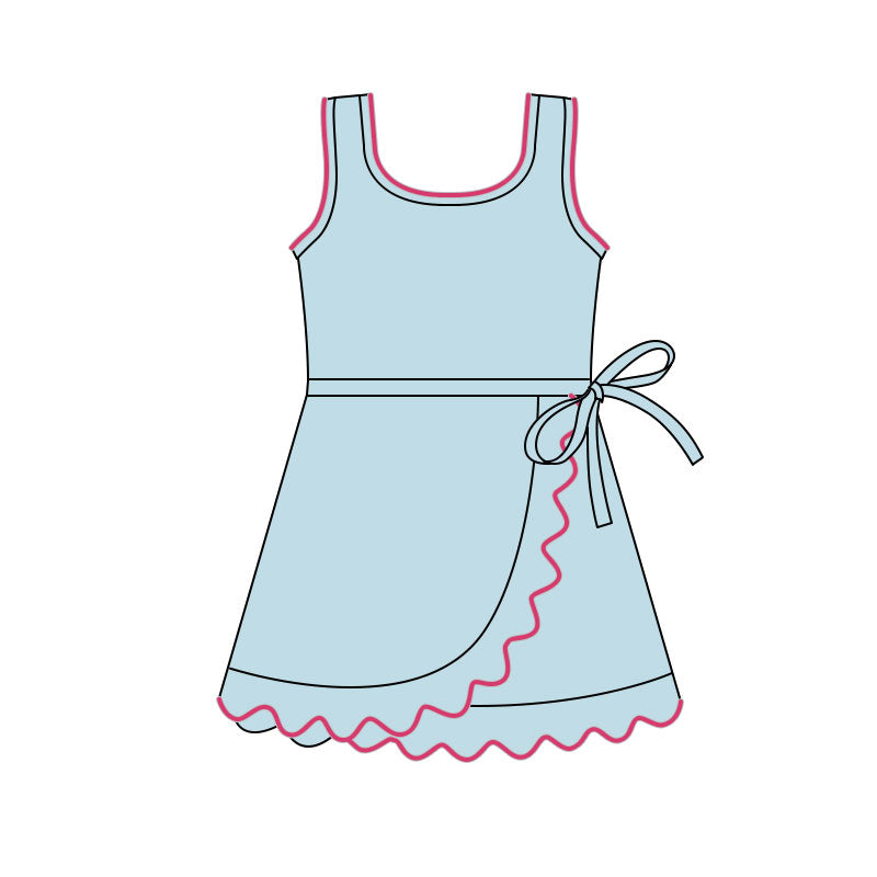 ( Moq 5 ) Preorder Baby Girls Sleeveless Ruffle Knee Length Yoga Blue Dress with Shorts