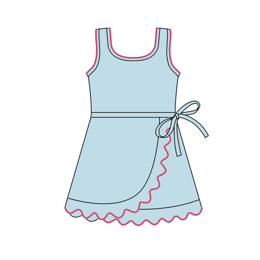 ( Moq 5 ) Preorder Baby Girls Sleeveless Ruffle Knee Length Yoga Blue Dress with Shorts