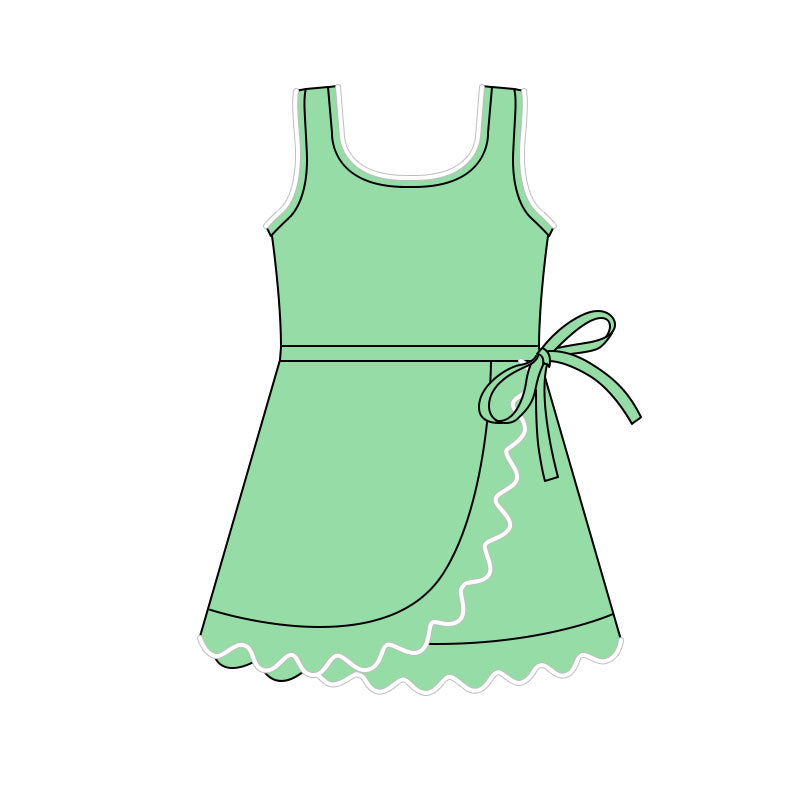 ( Moq 5 ) Preorder Baby Girls Sleeveless Ruffle Knee Length Yoga Green Dress with Shorts