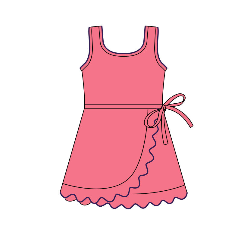 ( Moq 5 ) Preorder Baby Girls Sleeveless Ruffle Knee Length Yoga Hot Pink Dress with Shorts