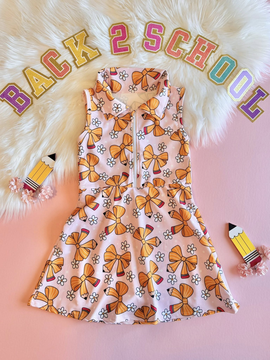 ( Moq 5 ) Preorder Baby Girls Pencil Bows Flowers with Shorts Back to School Yoga Zipper Dress