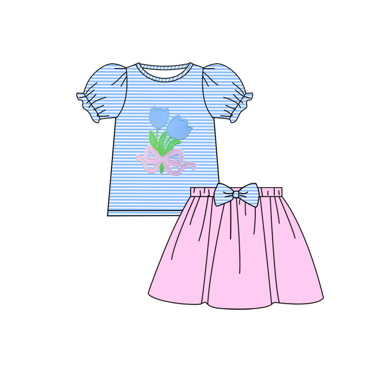 ( Moq 5 ) Preorder Baby Girls Short Sleeves Flower Bows Stripes Tops Pink Skirt Clothes Set