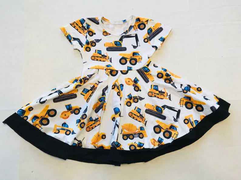 ( Moq 5 ) Preorder Baby Girls Short Sleeve Construction Ruffle Knee Length Dress