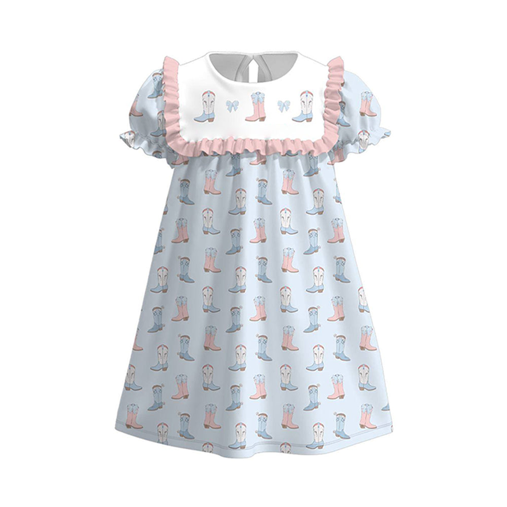 ( Moq 5 ) Preorder Baby Girls Short Sleeves Boots Bows Knee Length Dress