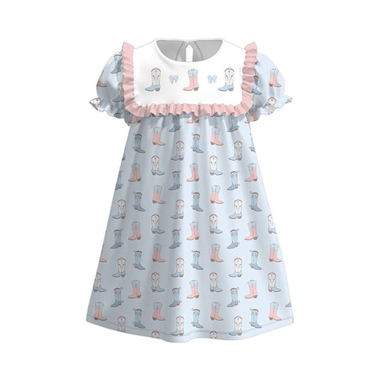 ( Moq 5 ) Preorder Baby Girls Short Sleeves Boots Bows Knee Length Dress