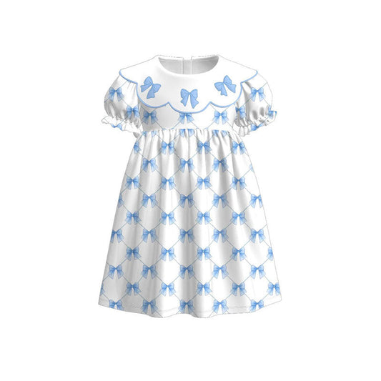 ( Moq 5 ) Preorder Baby Girls Short Sleeves Blue Bows Knee Length Dress