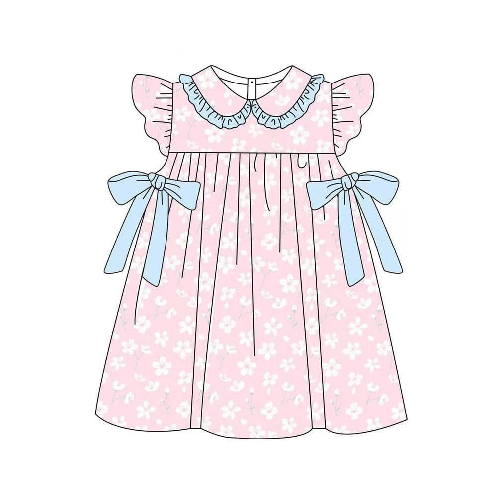 ( Moq 5 ) Preorder Baby Girls Short Sleeves Flower Bows Pink Knee Length Dress