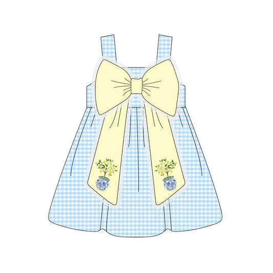 ( Moq 5 ) Preorder Baby Girls Straps Flower Bows Blue Plaid Knee Length Dress