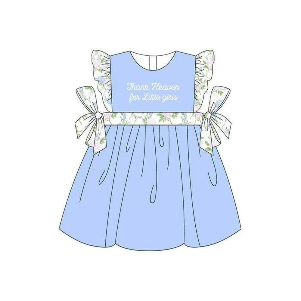 ( Moq 5 ) Preorder Baby Girls Thank Heaven Floral Bows Blue Knee Length Dress