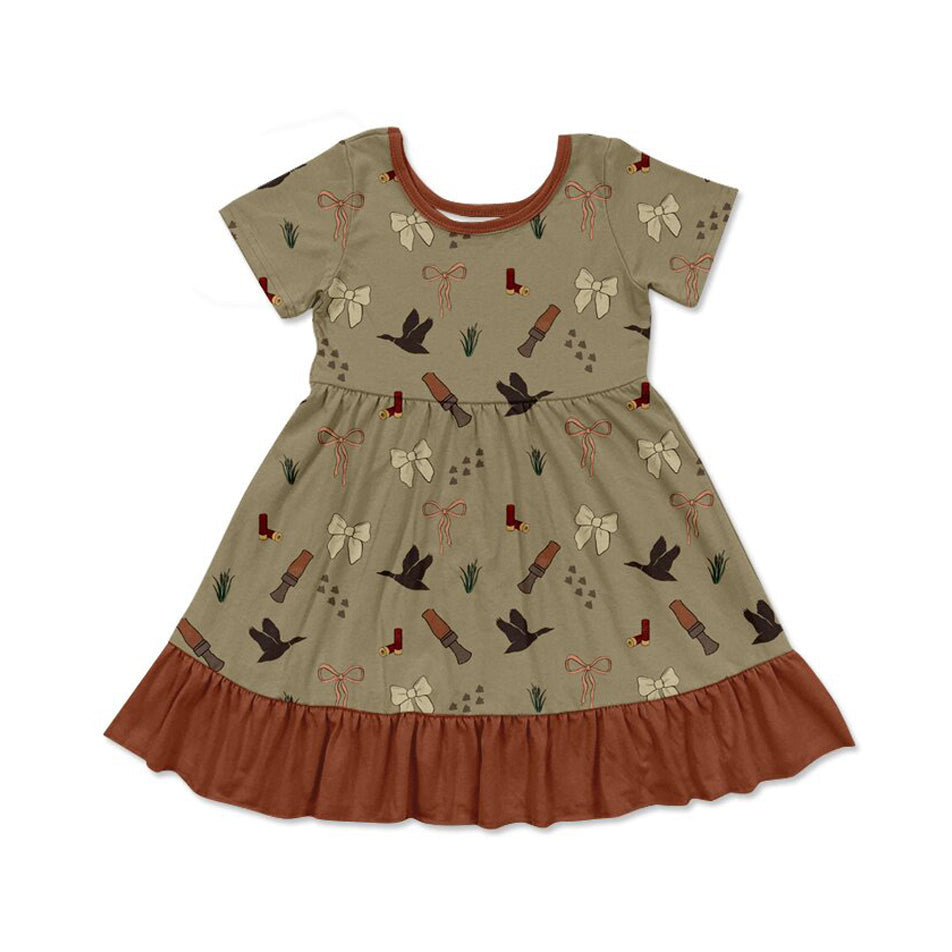( Moq 5 ) Preorder Baby Girls Short Sleeves Bows Ducks Hunting Ruffle Knee Length Dress