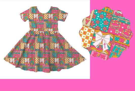( Moq 5 ) Preorder Baby Girls Short Sleeves Flower Bows Knee Length Dress