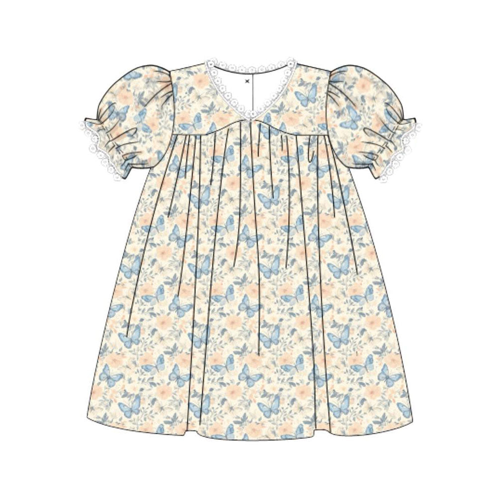 ( Moq 5 ) Preorder Baby Girls Short Sleeves Flower Butterfly Knee Length Dress