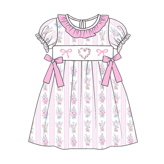 ( Moq 5 ) Preorder Baby Girls Short Sleeves Flower Pink Bows Valentine Knee Length Dress