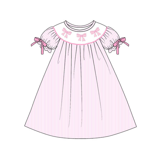 ( Moq 5 ) Preorder Baby Girls Bows Short Sleeves Pink Stripes Knee Length Dress