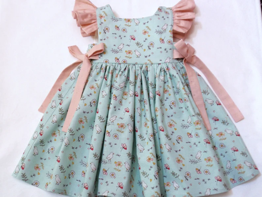 ( Moq 5 ) Preorder Baby Girls Short Sleeves Chicks Floral Bows Knee Length Dress