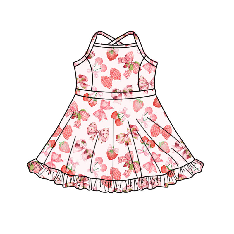 ( Moq 5 ) Preorder Baby Girls Straps Strawberry Bows Shorts Yoga Active Knee Length Dress