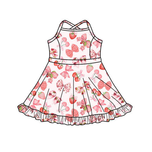 ( Moq 5 ) Preorder Baby Girls Straps Strawberry Bows Shorts Yoga Active Knee Length Dress