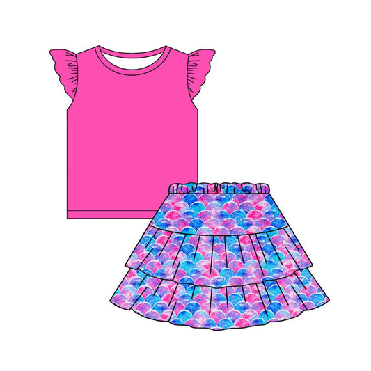( Moq 5 ) Preorder Baby Girls Pink Short Sleeves Shirt Mermaid Skirt Clothes Set
