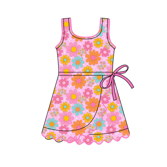 ( Moq 5 ) Preorder Baby Girls Sleeveless Flower Shorts Yoga Active Knee Length Pink Dress