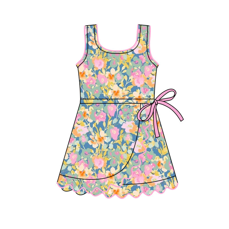 ( Moq 5 ) Preorder Baby Girls Sleeveless Flower Shorts Yoga Active Ruffle Knee Length Dress