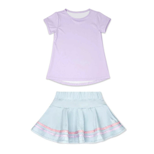 ( Moq 5 ) Preorder Baby Girls Short Sleeves Purple Shirt Skirt Yoga Clothes Set