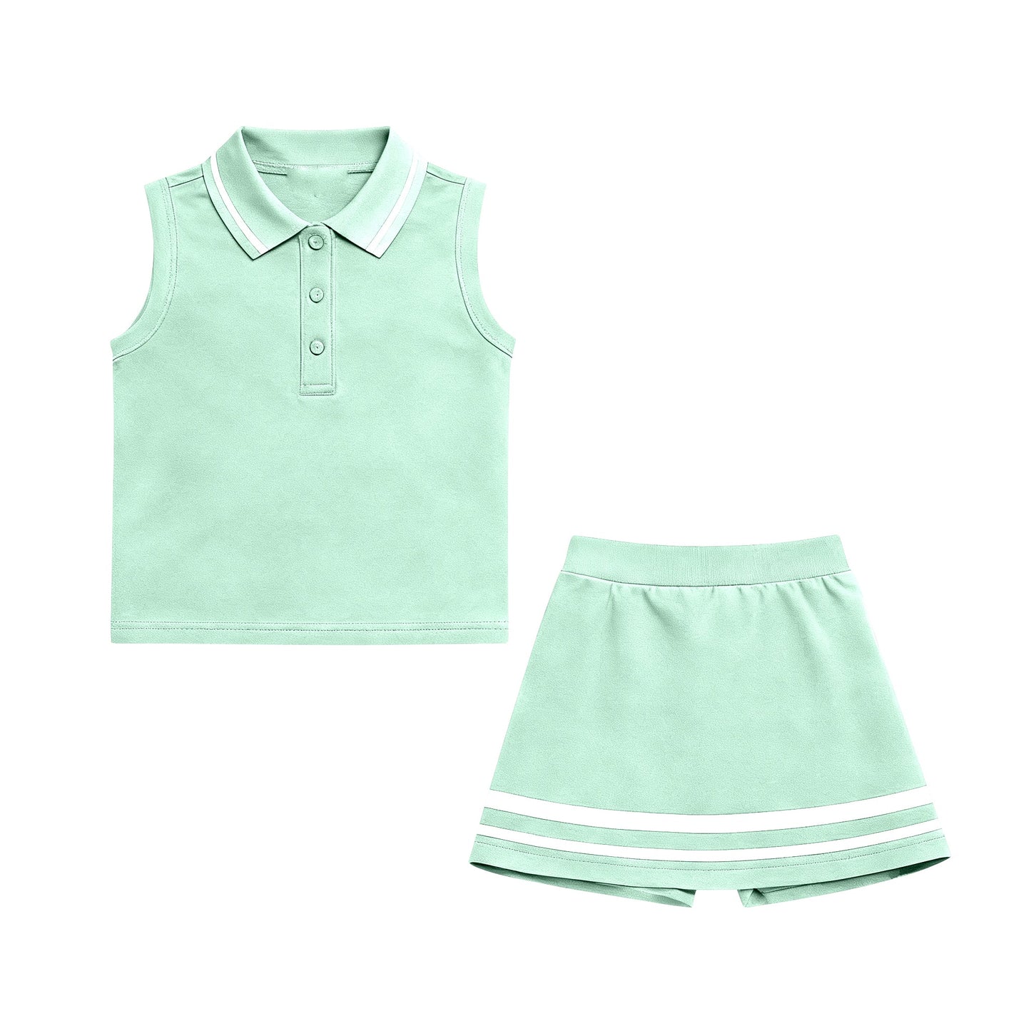 ( Moq 5 ) Preorder Baby Girls Sleeveless Buttons Tops Shorts Skirt Yoga Clothes Green Set