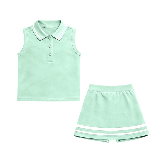 ( Moq 5 ) Preorder Baby Girls Sleeveless Buttons Tops Shorts Skirt Yoga Clothes Green Set