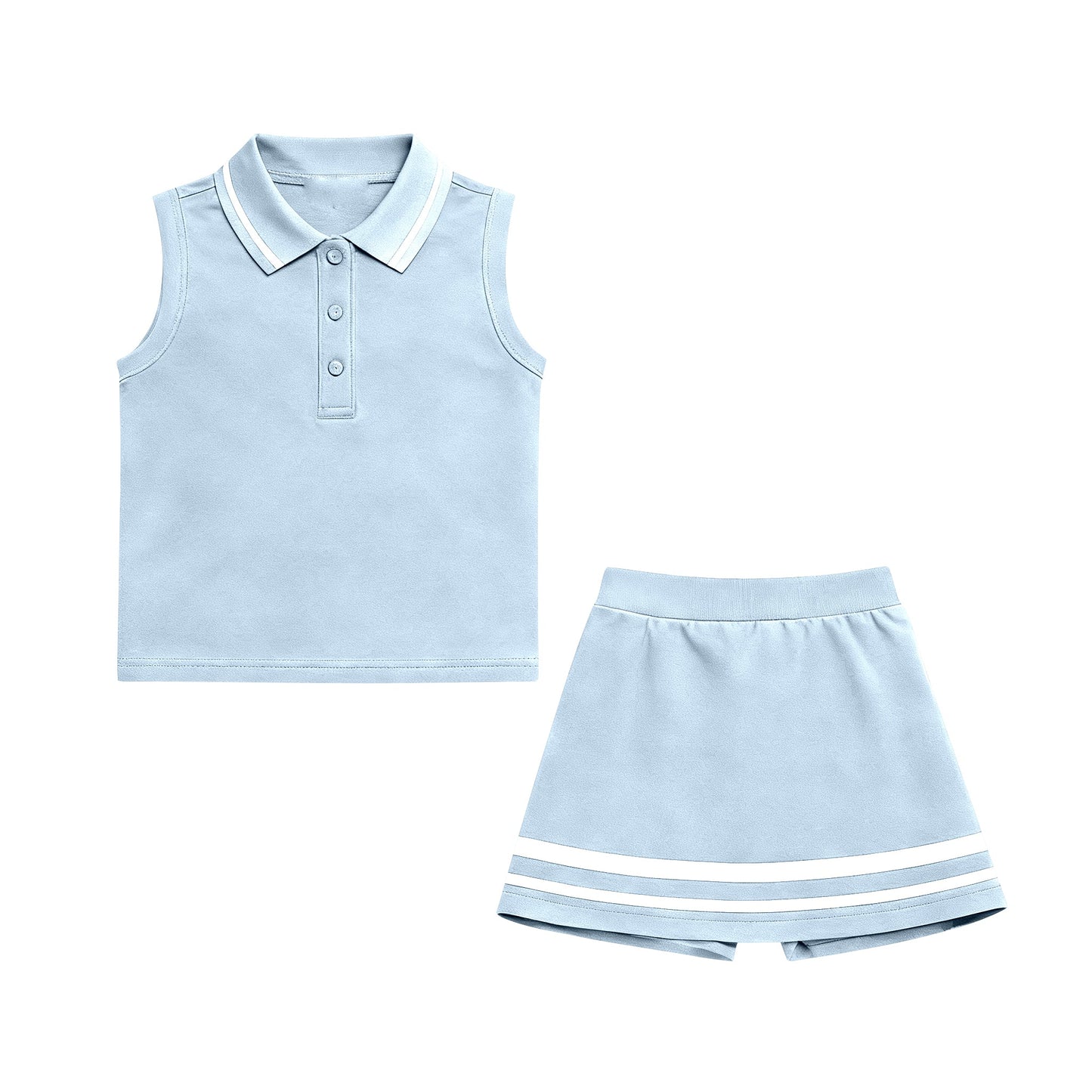 ( Moq 5 ) Preorder Baby Girls Sleeveless Buttons Tops Shorts Skirt Yoga Clothes Blue Set