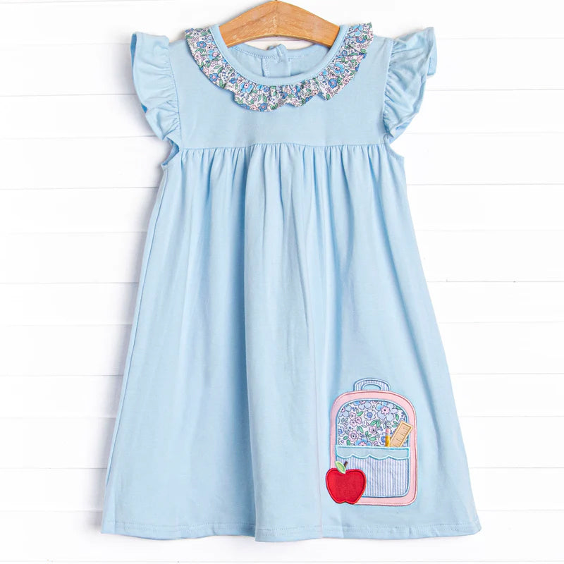( Moq 5 ) Preorder Baby Girls Floral Pencil Bag Back to School Blue Ruffle Dress