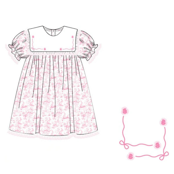 ( Moq 5 ) Preorder Baby Girls Short Sleeves Rabbits Pink Floral Easter Dress