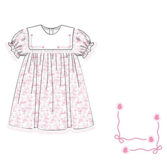 ( Moq 5 ) Preorder Baby Girls Short Sleeves Rabbits Pink Floral Easter Dress