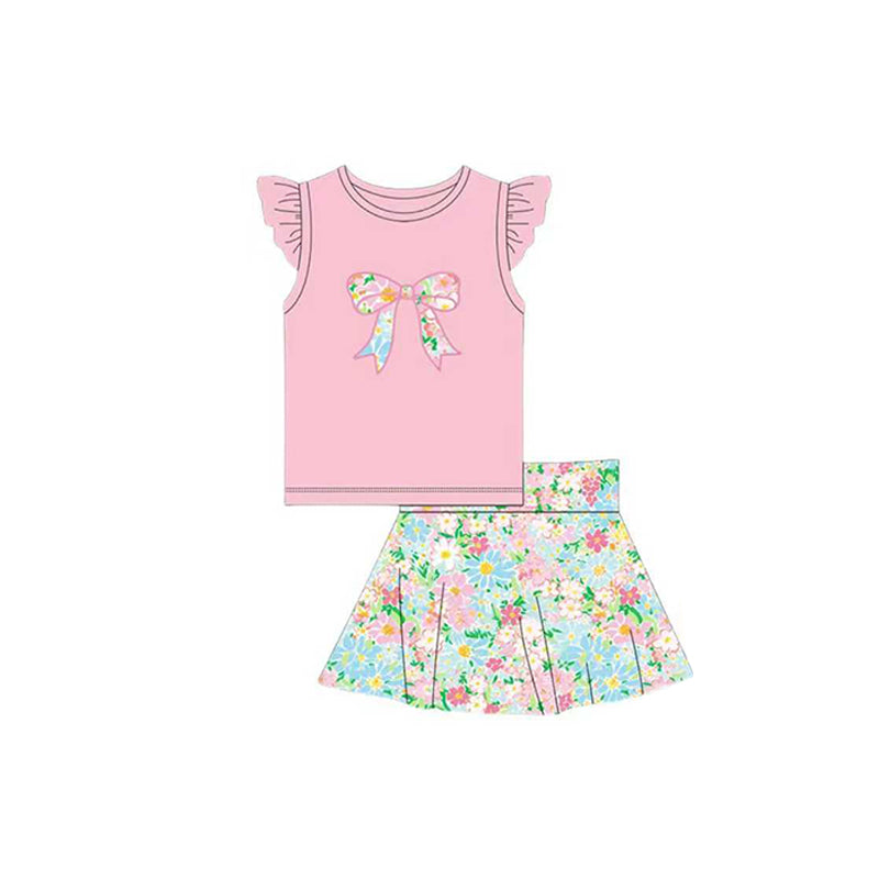 ( Moq 5 ) Preorder Baby Girls Pink Short Sleeves Bows Shirt Flower Skirt Clothes Set