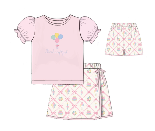 ( Moq 5 ) Preorder Baby Girls Balloons Pink Tops Cakes Bows Skirt Happy Birthday Set