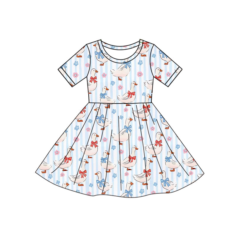 ( Moq 5 ) Preorder Baby Girls Short Sleeves Ducks Flower Bows Blue Stripes Knee Length Dress
