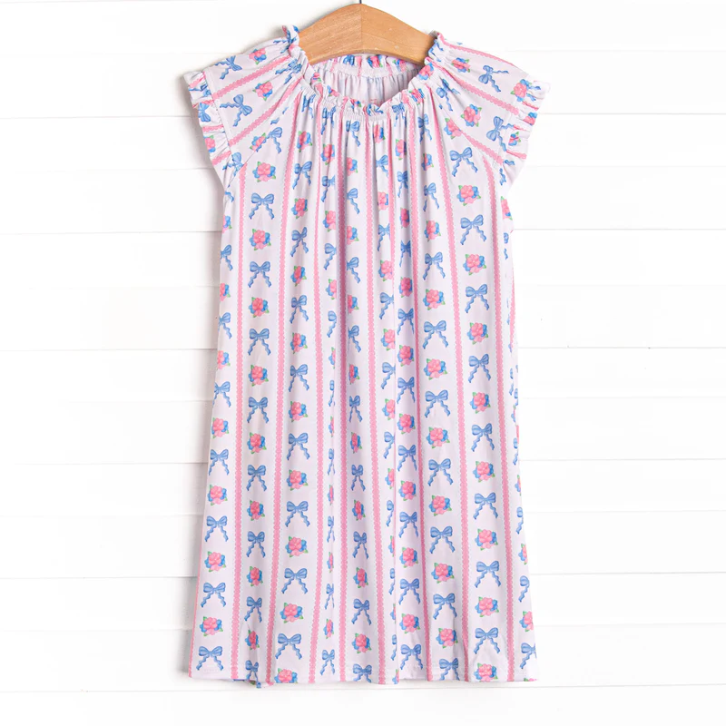 ( Moq 5 ) Preorder Baby Girls Kids Short Sleeves Bows Flowers Knee Length Dress