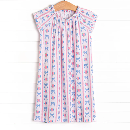 ( Moq 5 ) Preorder Baby Girls Kids Short Sleeves Bows Flowers Knee Length Dress