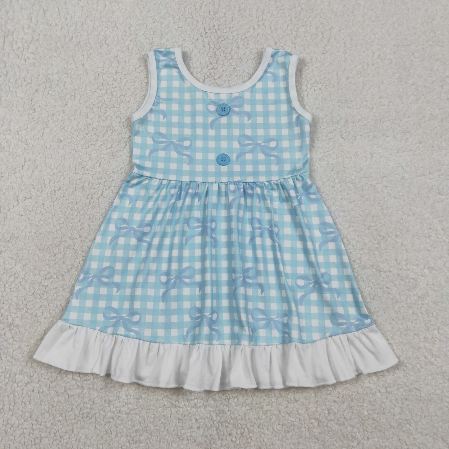 Sibling Baby Girls Kids Sleeveless Bows Plaid Buttons Ruffle Knee Length Dress RTS
