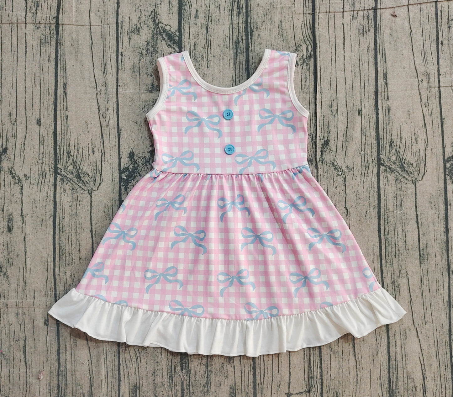 Baby Girls Kids Sleeveless Bows Pink Plaid Knee Length Dress RTS