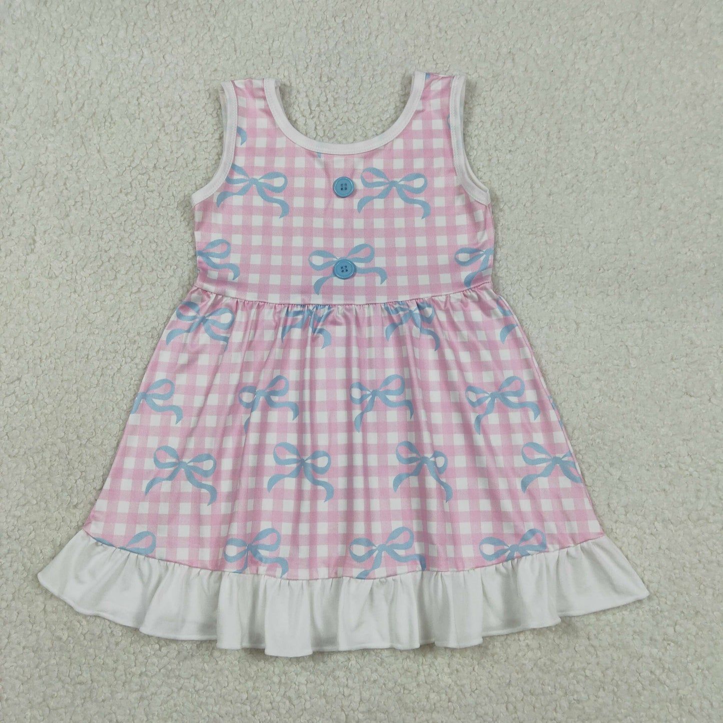 Sibling Baby Girls Kids Sleeveless Bows Plaid Buttons Ruffle Knee Length Dress RTS
