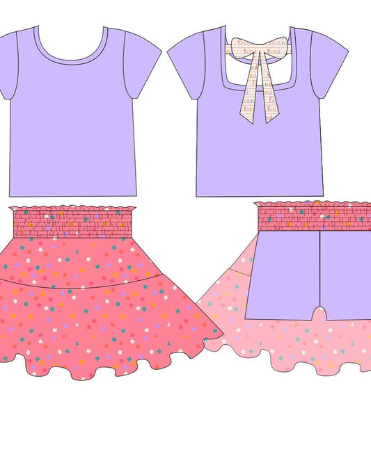 ( Moq 5 ) Preorder Baby Girls Short Sleeves Purple Tops Stars Skirt Shorts Clothes Set
