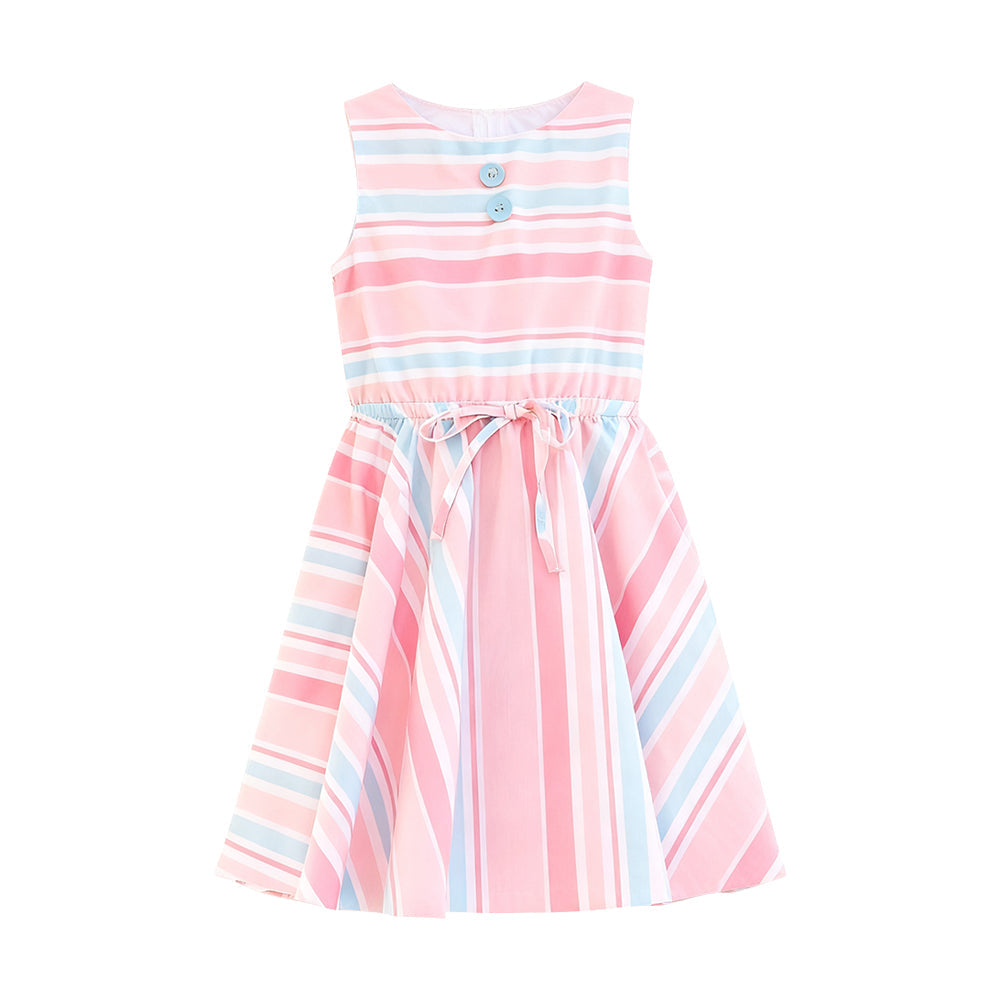 ( Moq 5 ) Preorder Baby Girls Kids Sleeveless Stripes Buttons Knee Length Dress