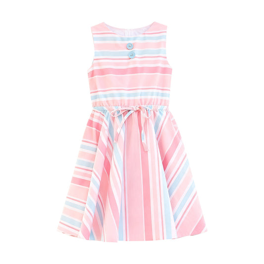 ( Moq 5 ) Preorder Baby Girls Kids Sleeveless Stripes Buttons Knee Length Dress
