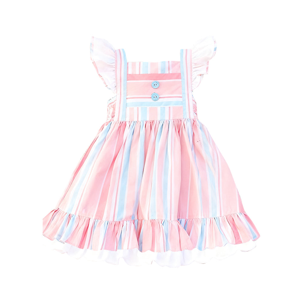 ( Moq 5 ) Preorder Baby Girls Short Sleeves Stripes Buttons Ruffle Knee Length Dress