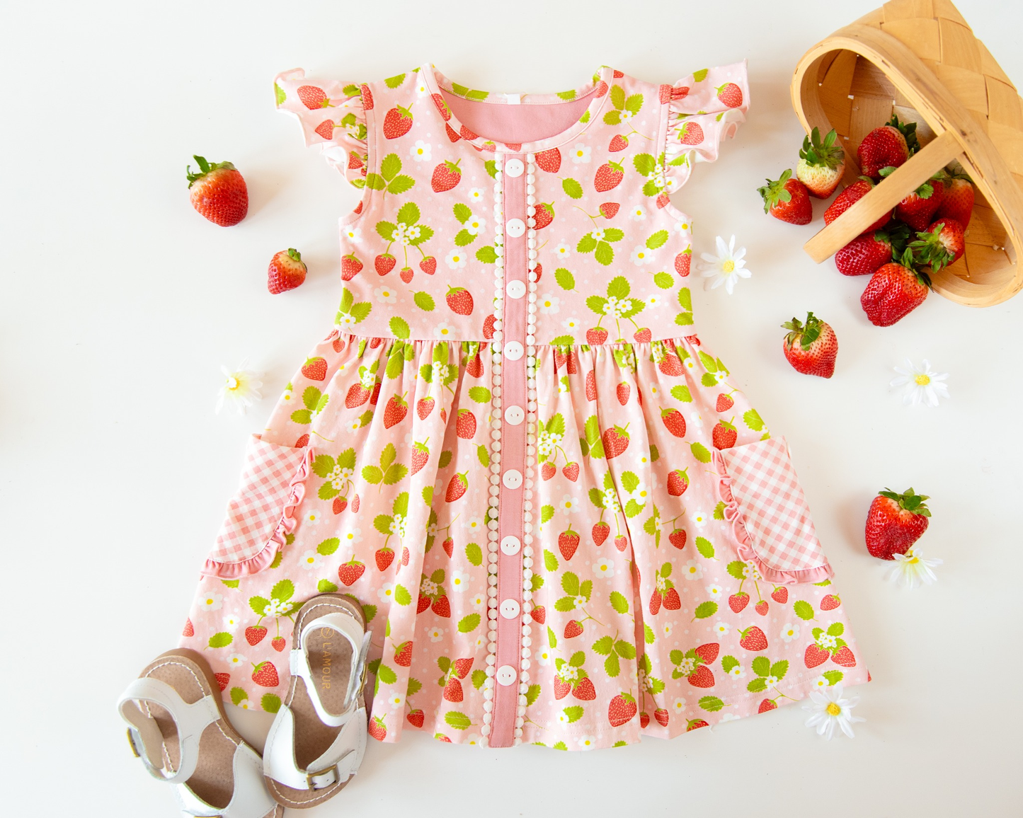 ( Moq 5 ) Preorder Baby Girls Short Sleeves Strawberry Flowers Plaid Pockets Knee Length Dress