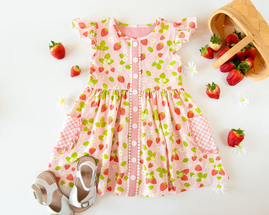 ( Moq 5 ) Preorder Baby Girls Short Sleeves Strawberry Flowers Plaid Pockets Knee Length Dress