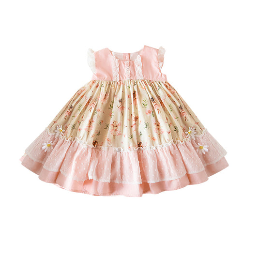 ( Moq 5 ) Preorder Baby Girls Short Sleeves Flowers Buttons Ruffle Knee Length Dress