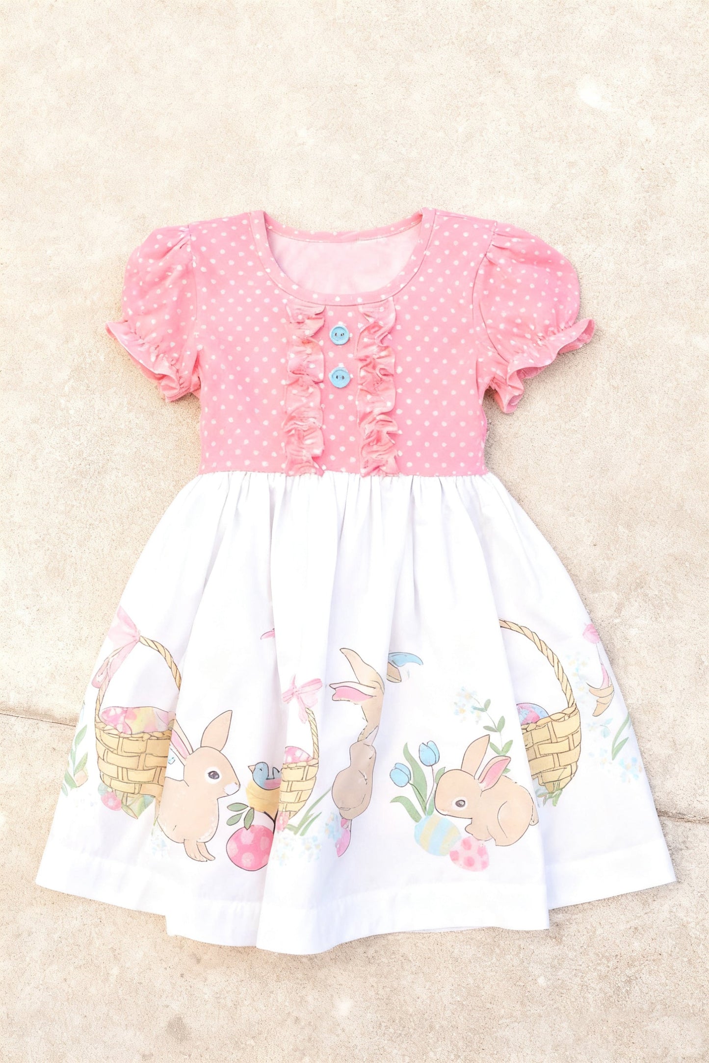 ( Moq 5 ) Preorder Baby Girls Short Sleeves Rabbits Eggs Flowers Easter Knee Length Dress