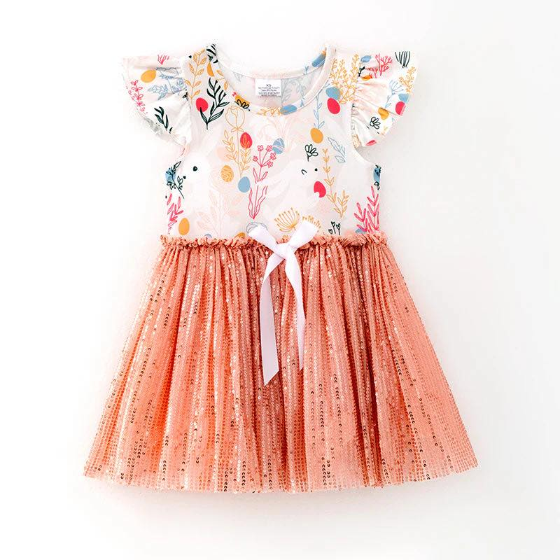 ( Moq 5 ) Preorder Baby Girls Rabbits Eggs Flowers Easter Knee Length Dress